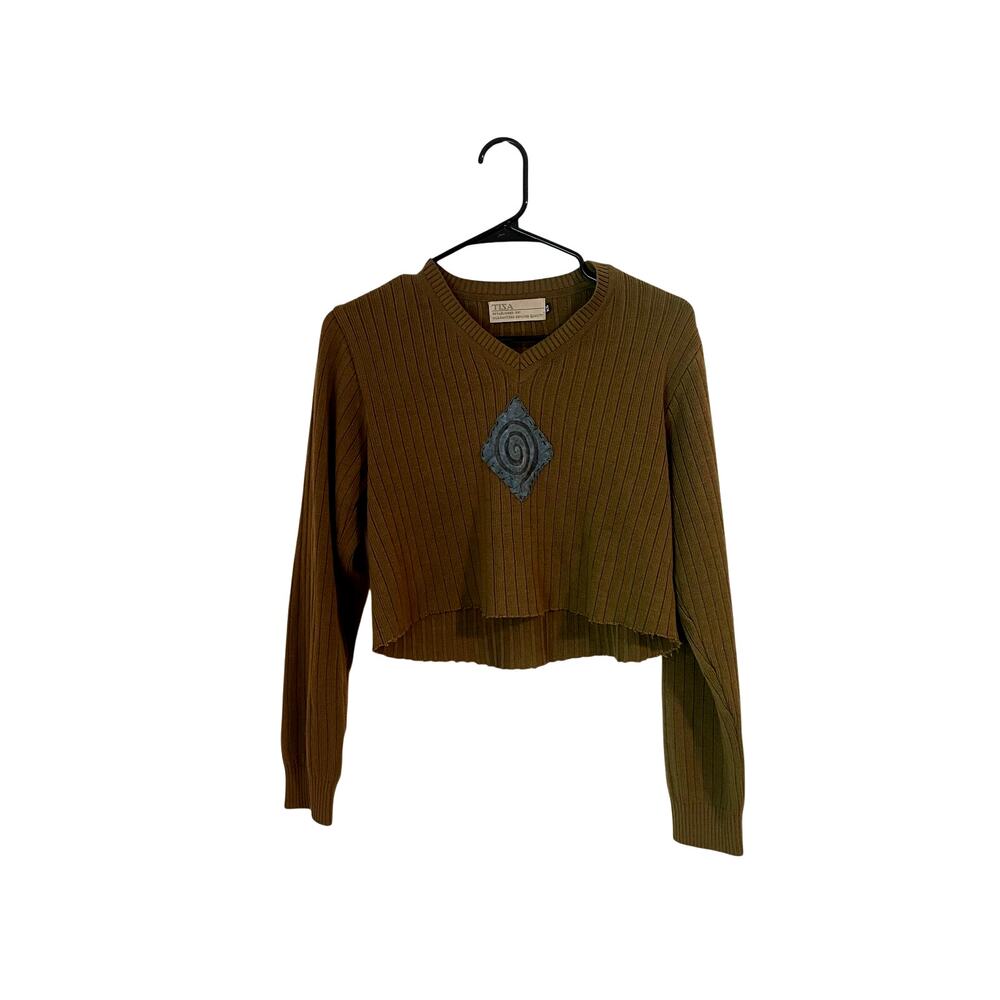 TISA Brown Ribbed Cropped V-Neck Sweater Artsy-XS/S